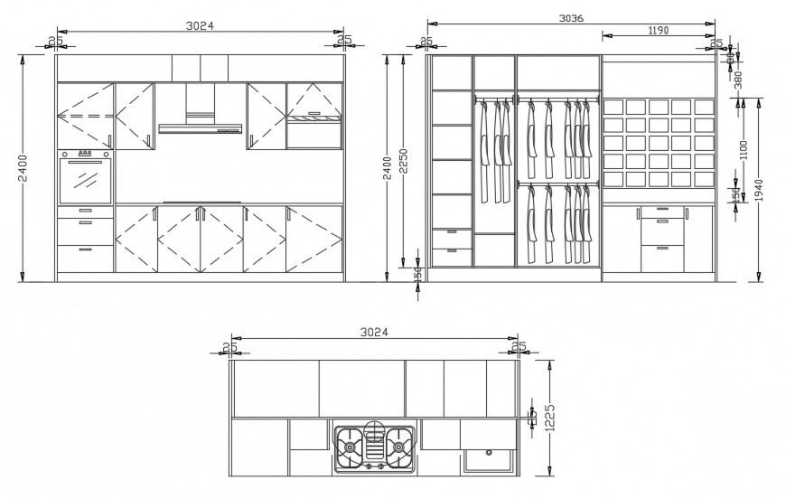 2d cad drawing of kitchen and wardrobe furniture autocad software