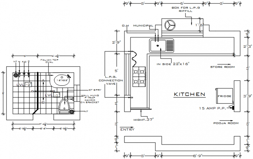 2d cad drawing of kitchen AutoCAD software