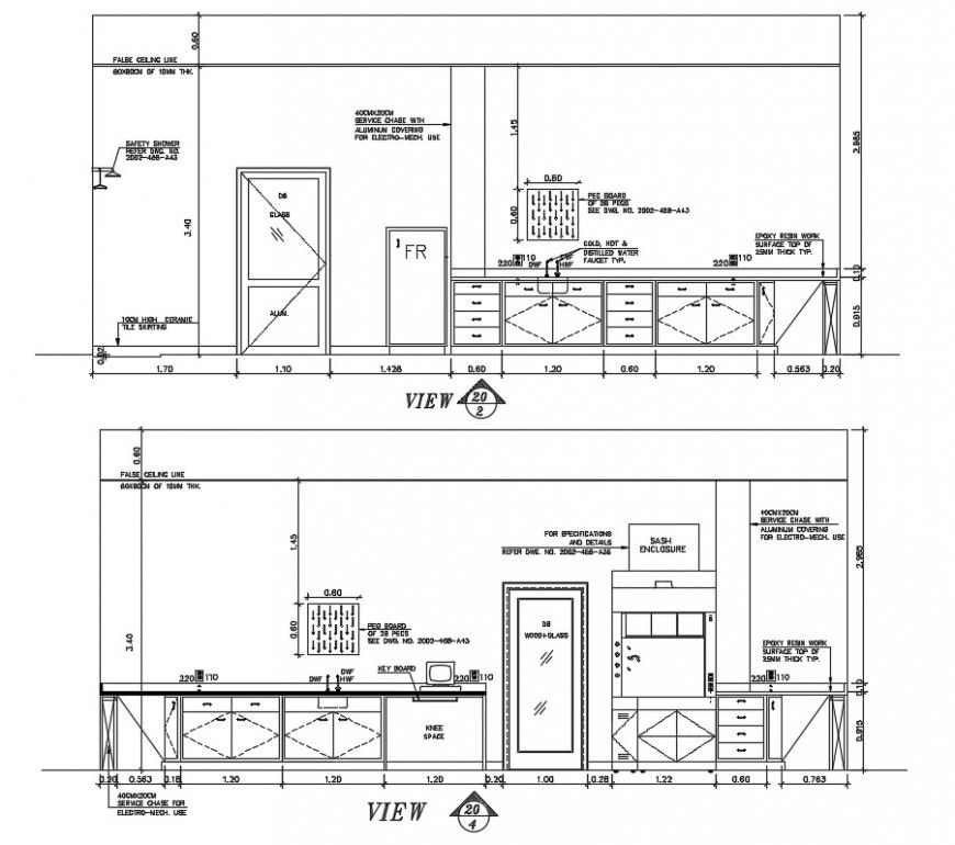 2d cad drawing of lab kitchen area elevation AutoCAD file