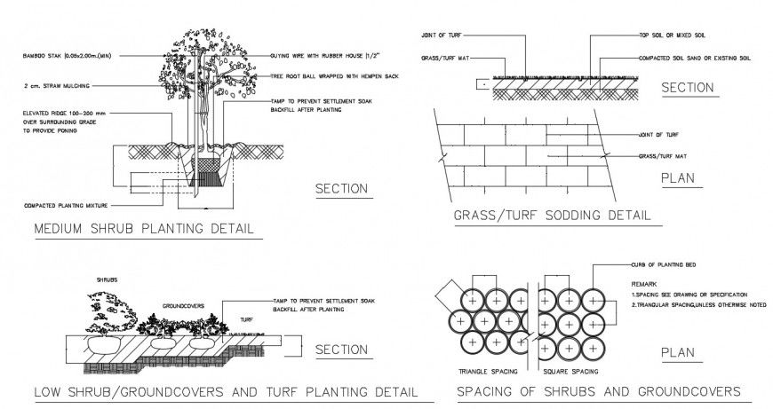2d cad drawing of low shrub planting detail autocad software