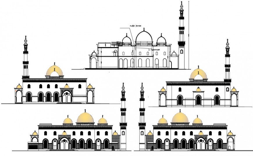 2d cad drawing of mosque exterior elevation autocad file