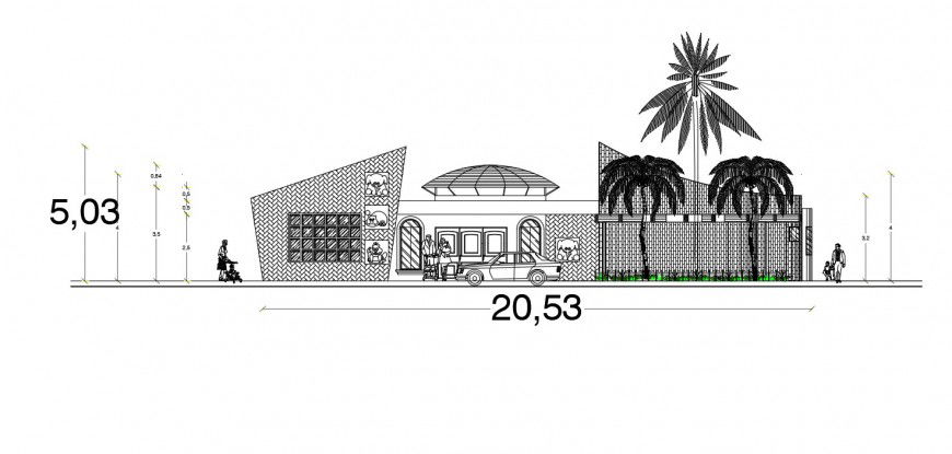 2d cad drawing of Olympic park exterior elevation autocad file