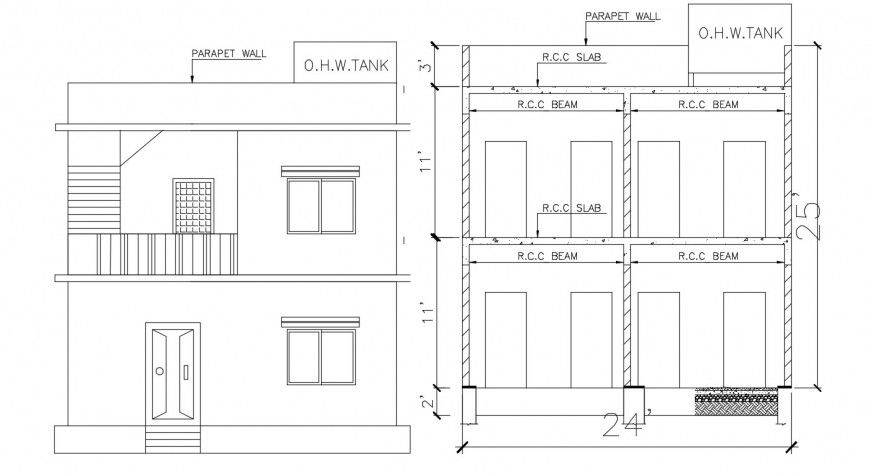 2d cad drawing of parapet wall AutoCAD software
