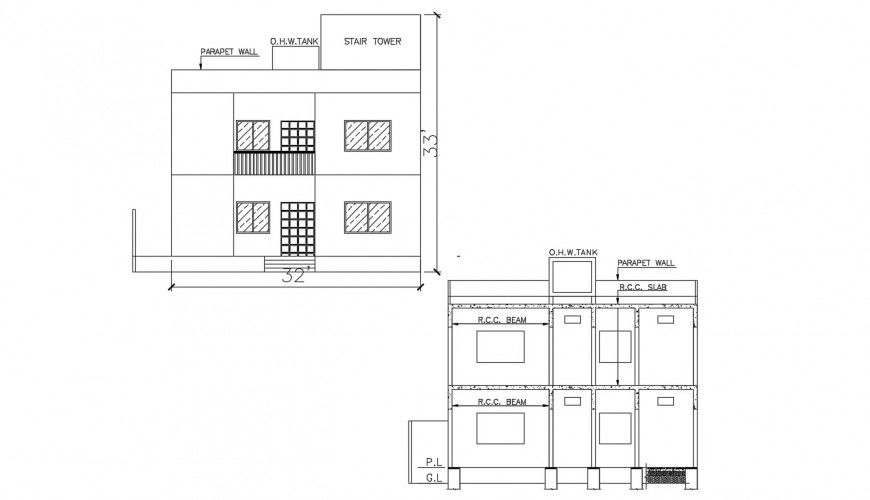 2d cad drawing of parapet wall back elevation AutoCAD software