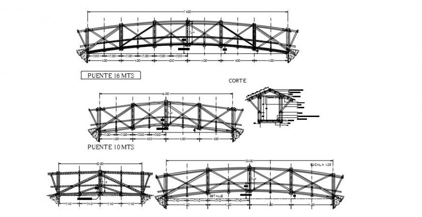 2d cad drawing of Peyton curved bridge top elevation panel auto-cad software