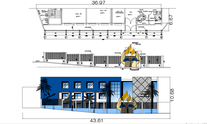 2d cad drawing of school project exterior elevation autocad software