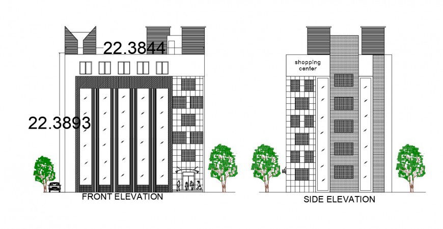 2d cad drawing of shopping center front elevation and side elevation autocad software