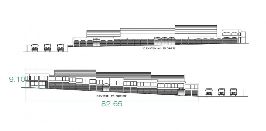 2d cad drawing of shopping mall exterior elevation autocad software