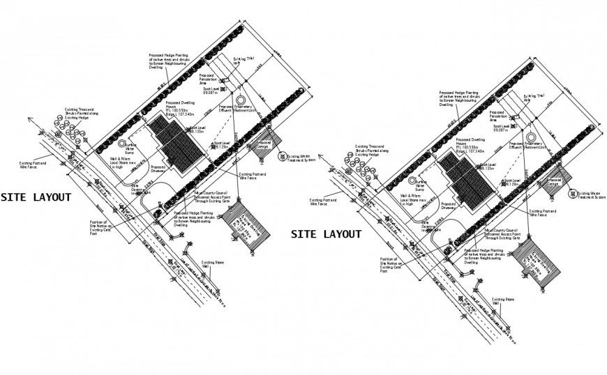 2d cad drawing of site layout construction existing tree