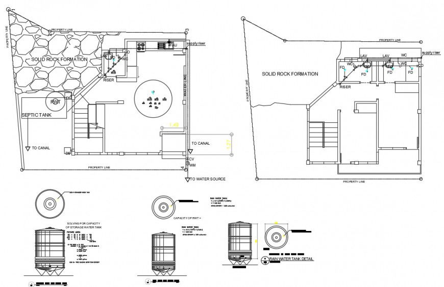 2d cad drawing of solid rock formation and water source property line