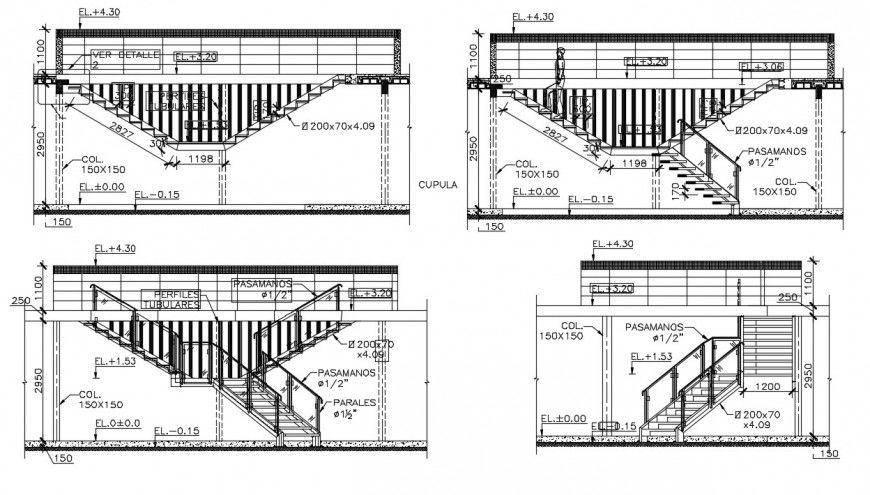 2d cad drawing of staircase plan elevation autocad software