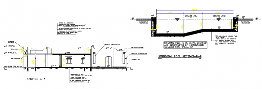 2d cad drawing of swimming area elevation autocad software