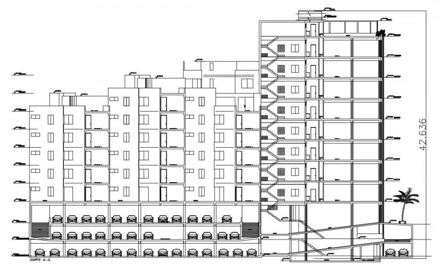 2d cad drawing of the apartment front elevation autocad software