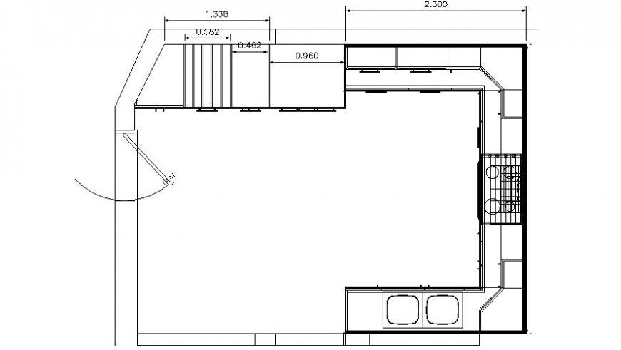 2d cad drawing of the final output of top view kitchen auto cad software