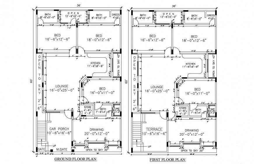 2d cad drawing of the ground floor and first-floor plan in autocad file