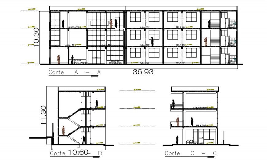2d cad drawing of three-floor elevation school section autocad software