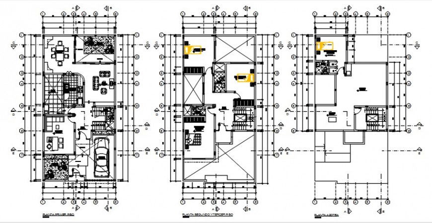 2d cad drawing of three-floor plan bungalow AutoCAD software