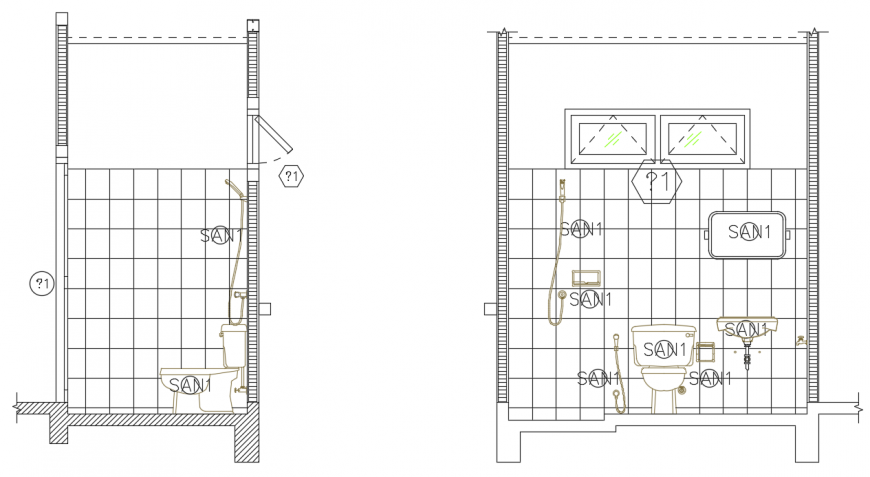 2d cad drawing of toilet room elevation AutoCAD software