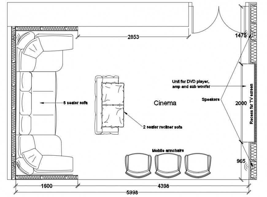 2d cad drawing of top elevation of basement cinema