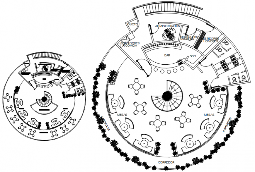 Circular Open Restaurant 2D CAD Drawing with Floor Plan and Layout