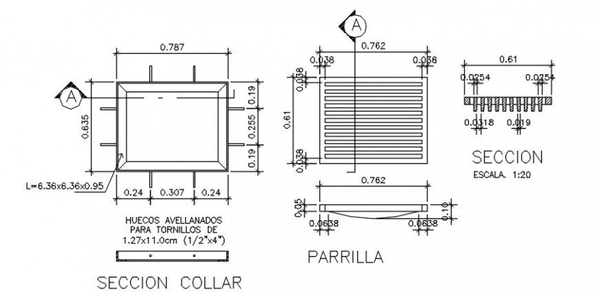 2d CAD drawings details of drainage gutter plan and section dwg file