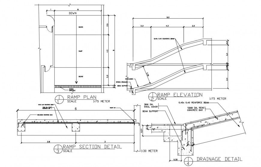 2d CAD drawings details of ramp plan elevation section dwg file