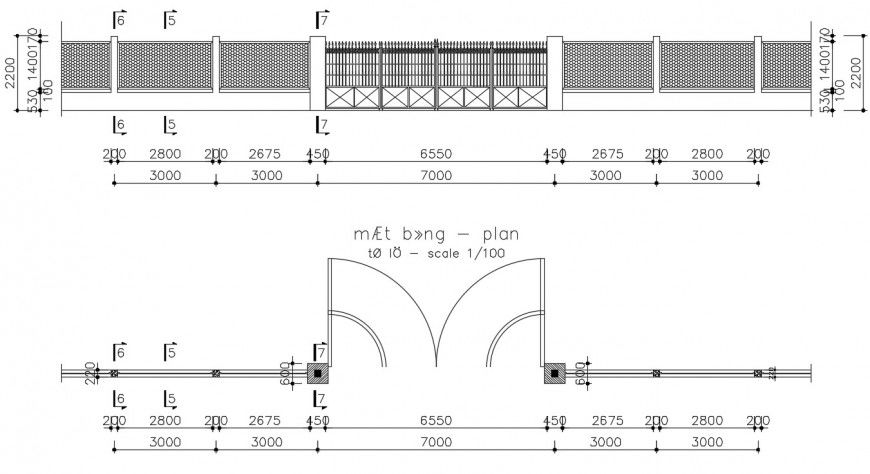 2d CAD drawings of entrance gate plan and elevation dwg file
