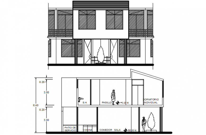 2d cad drawings of exterior elevation upper roof autocad software
