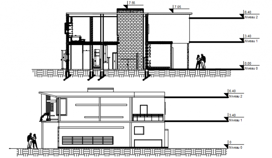 2d CAD drawings of house elevation and section dwg autocad file