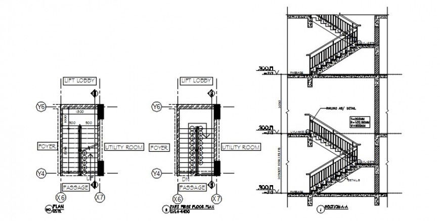 2d CAD drawings of stairway plan and section dwg file