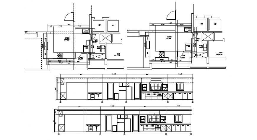 2d CAD drawings of the kitchen work plan with elevation details dwg file
