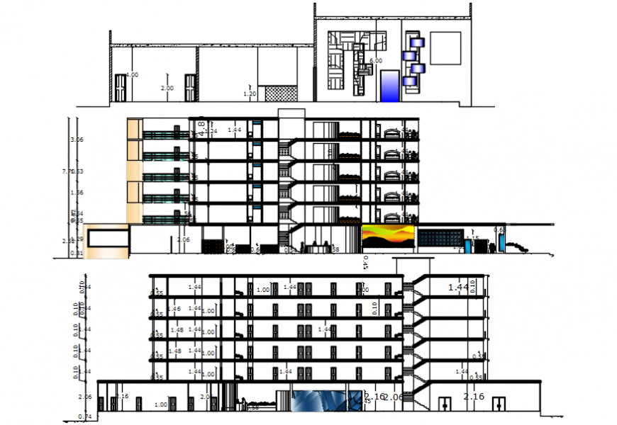 2d CAD elevation and section of hotel building dwg file