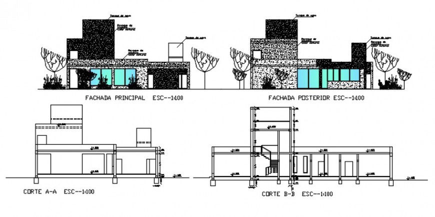 2d CAD elevation and sectional details of bungalow dwg file