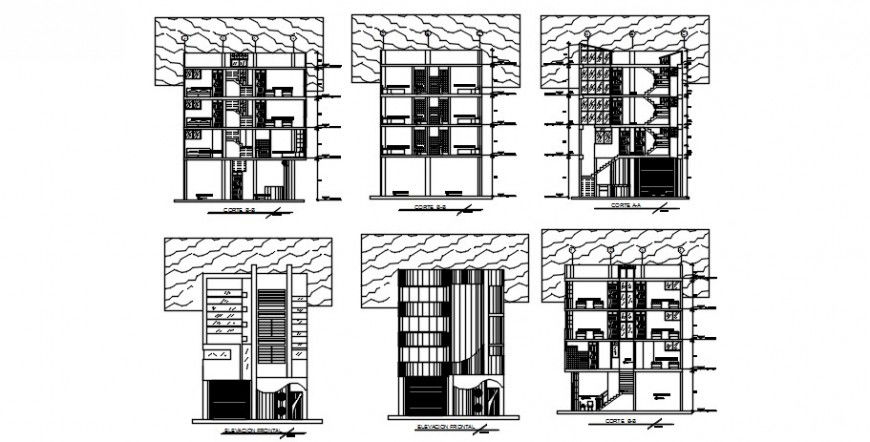 2d CAD elevation and sectional details of hotel building dwg file