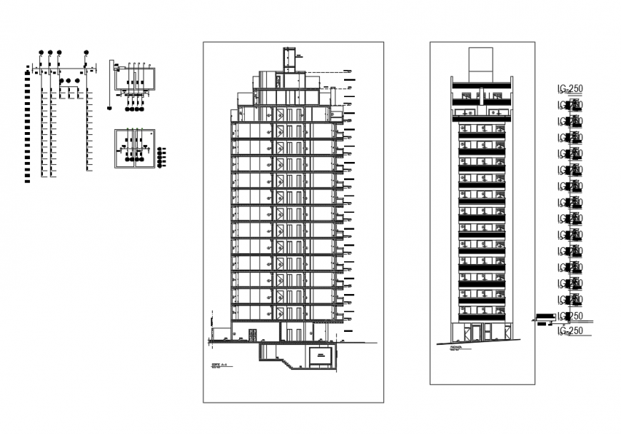 2d CAD elevation and sectional drawings of high story building dwg AutoCAD file