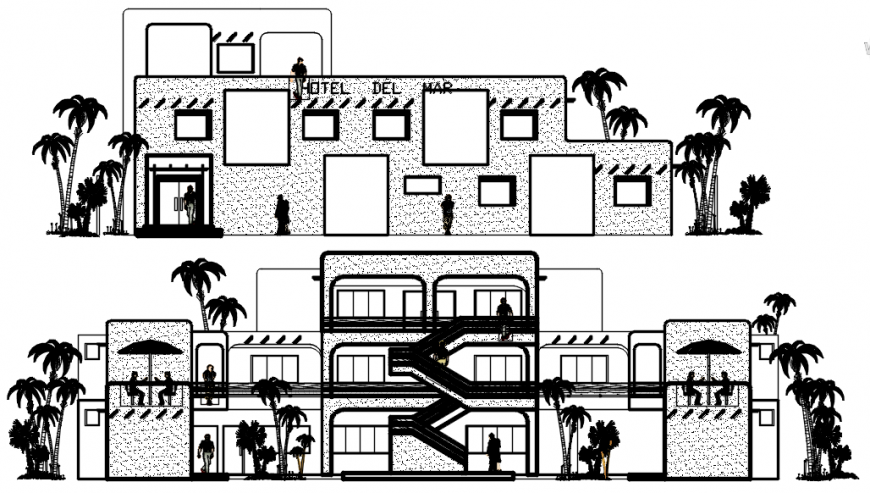 2d CAD elevation of hotel building blocks dwg autocad file