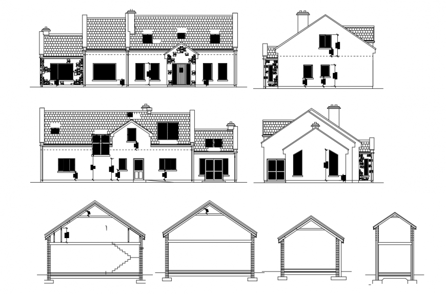 2d CAD elevation of housing bungalow autocad software dwg file