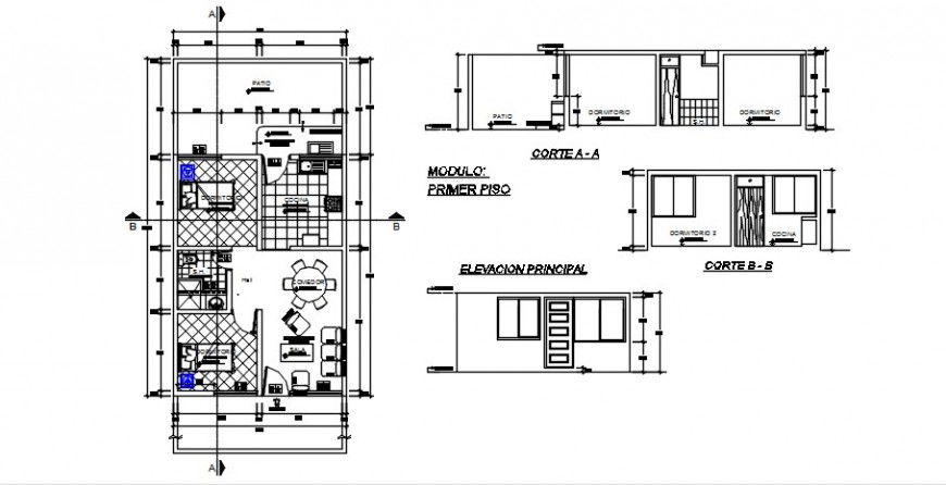 2D CAD house floor layout plan elevation and section dwg file