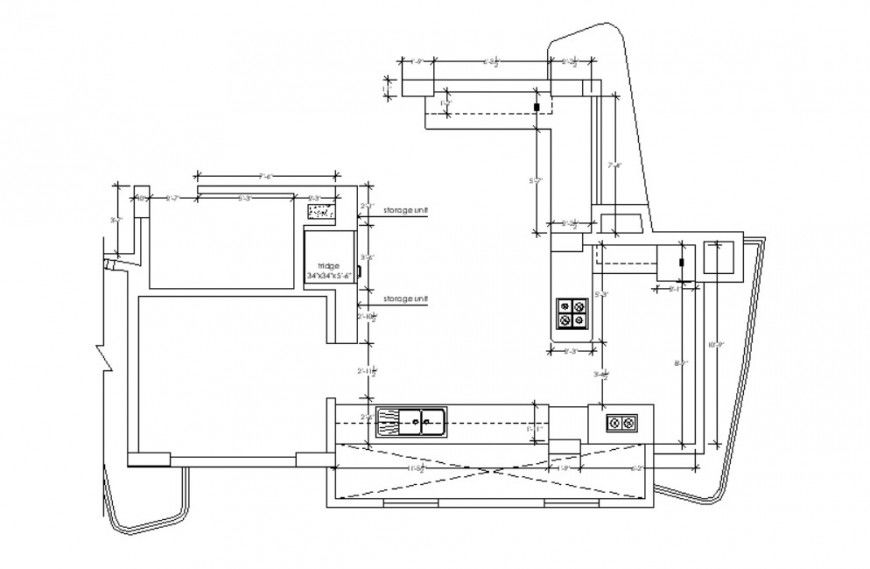 2d CAD layout plan of kitchen area autocad file