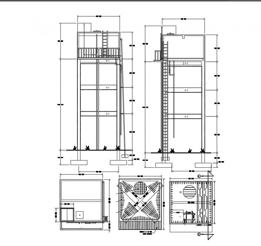 2d CAD plan and elevation of elevated tank drawings details in an autocad file