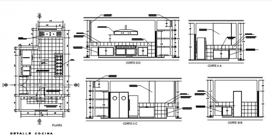 2d CAD plan and sectional details of kitchen layout dwg file