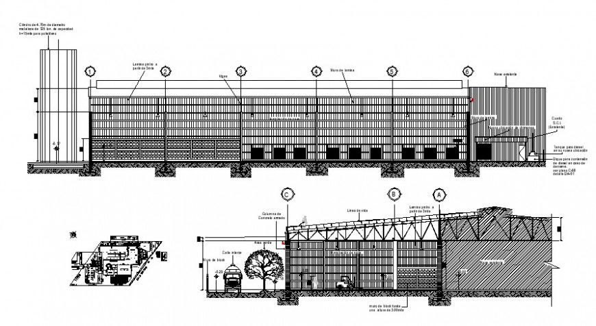 2d CAD plan and sectional detail of industrial warehouse autocad file
