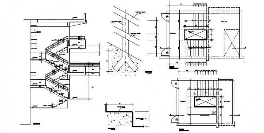 2d CAD plan and sectional details of staircase drawings dwg file