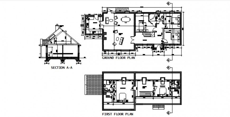 2d CAD section and centerline plan details of house autocad file