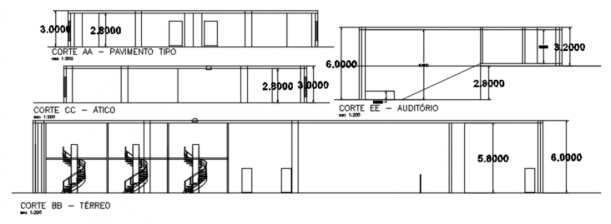 2d CAD sectional details drawings of auditorium building dwg file