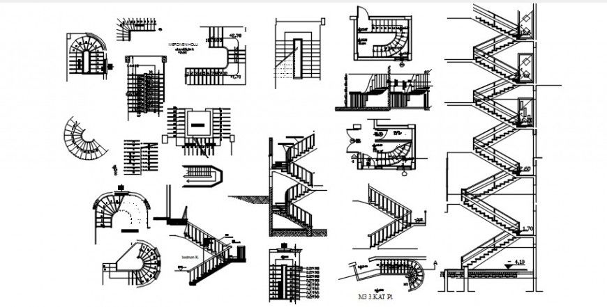2d CAD stairway design plan and sectional details in autocad file
