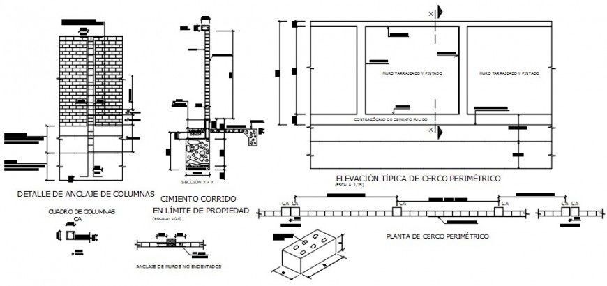 2d CAD structural drawings details of column and brick masonry wall dwg file