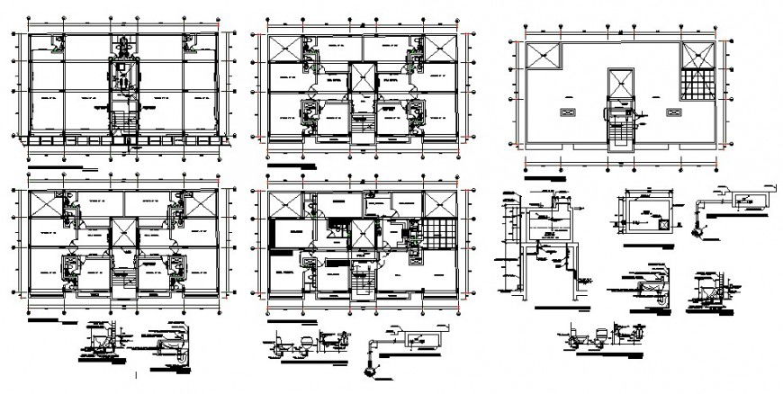 2d construction plan of a multi-flooring building structure detail layout file in autocad format