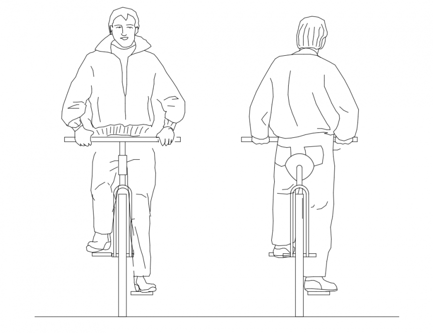 2d cycle elevation front and back view with cyclist cad block design dwg file