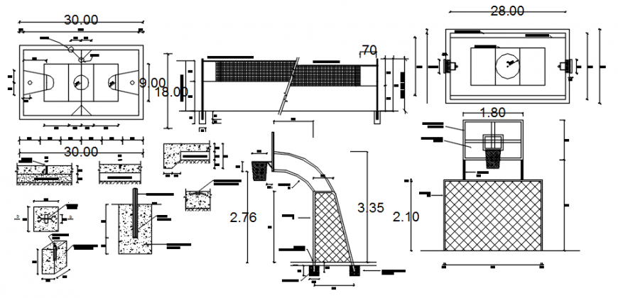 2d drawing details of basketball sports court ground dwg file